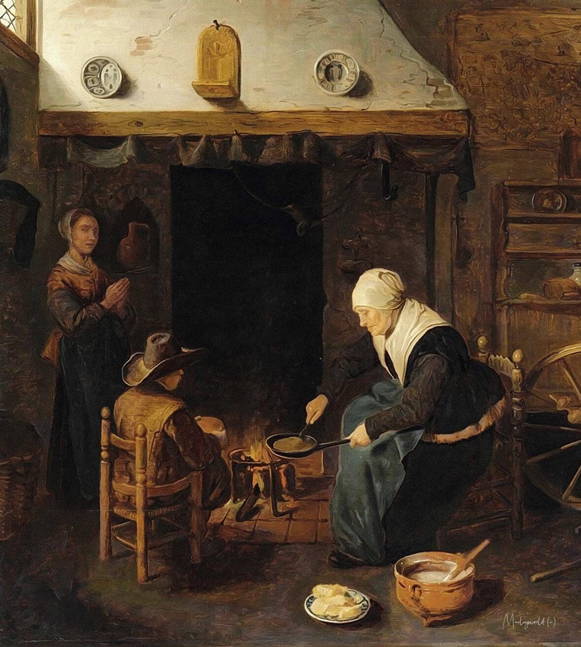 Schilderij waar te zien is dat mensen een pannenkoek bakken