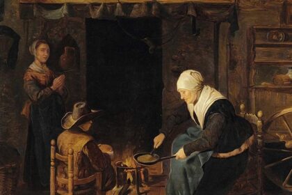Schilderij waar te zien is dat mensen een pannenkoek bakken