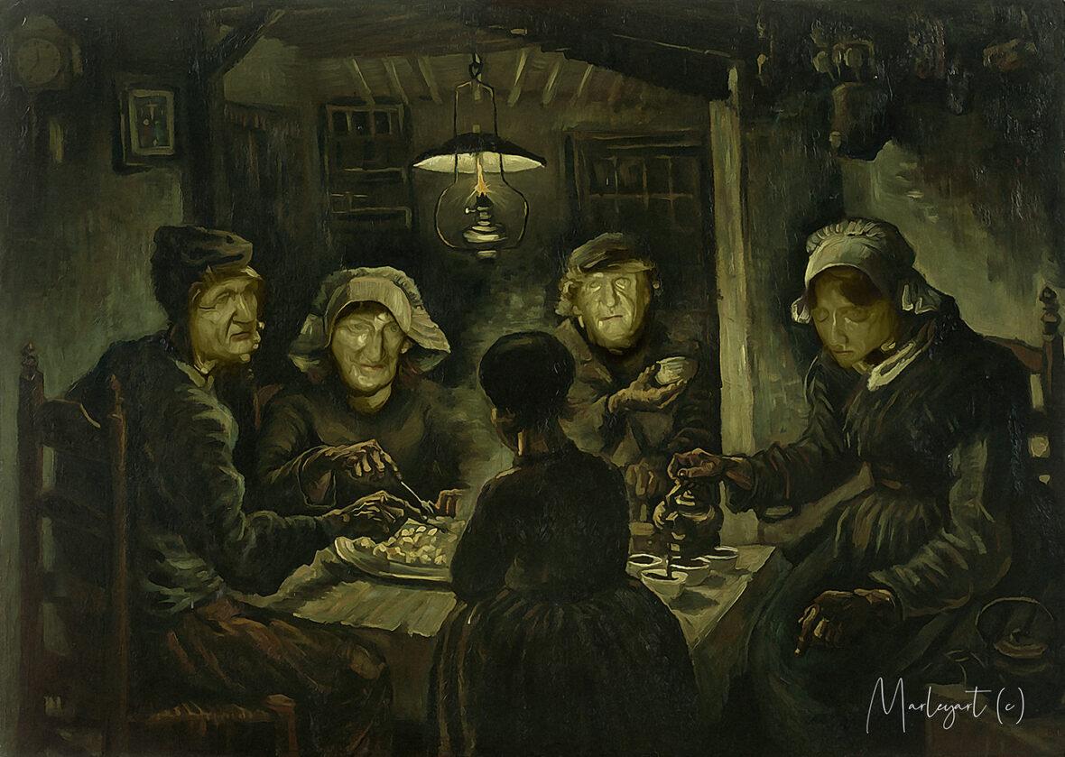 Schilderij aardappeleters met Rosmalens hoofden.